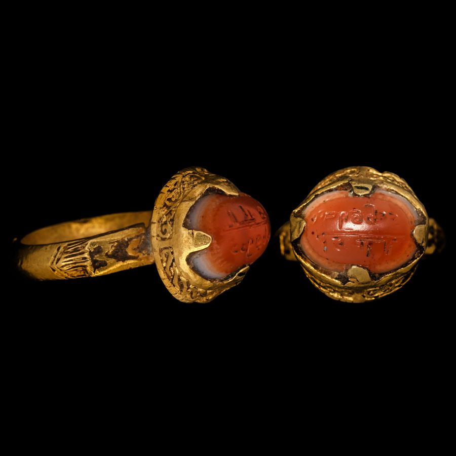 Western Asiatic Gold Ring with Inscribed Sardonyx Gemstone