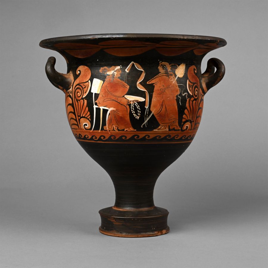 Greek Red-Figure Bell Krater with Warrior Funerary Offering Scene, Attributed to CA Painter