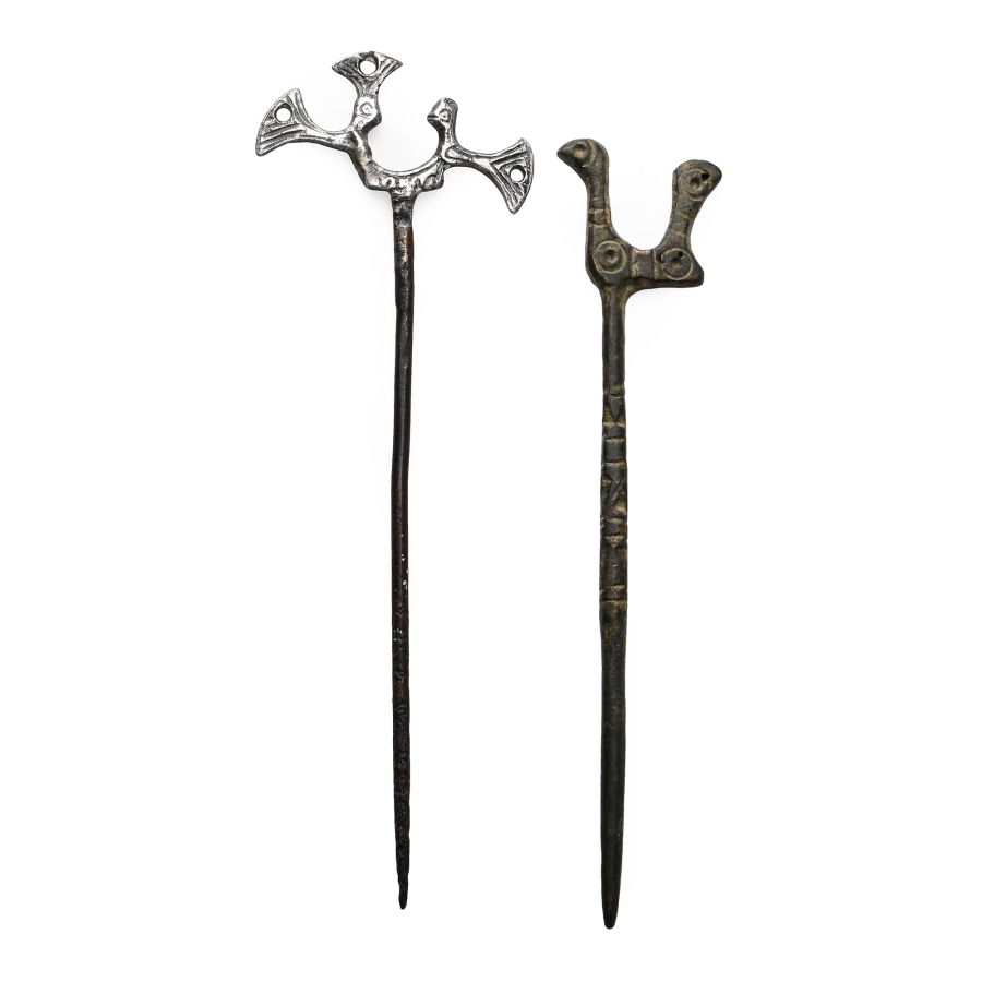 Western Asiatic Silver and Bronze Dress Pin with Birds Group