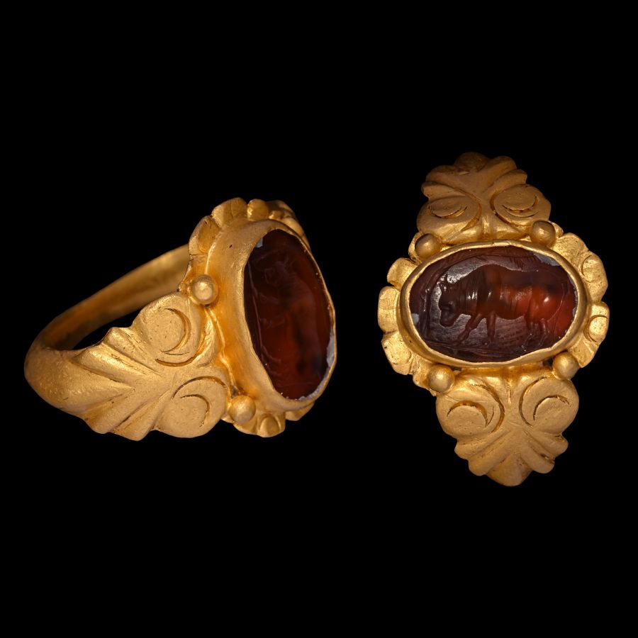 Roman Gemstone with Bull in Gold Ring