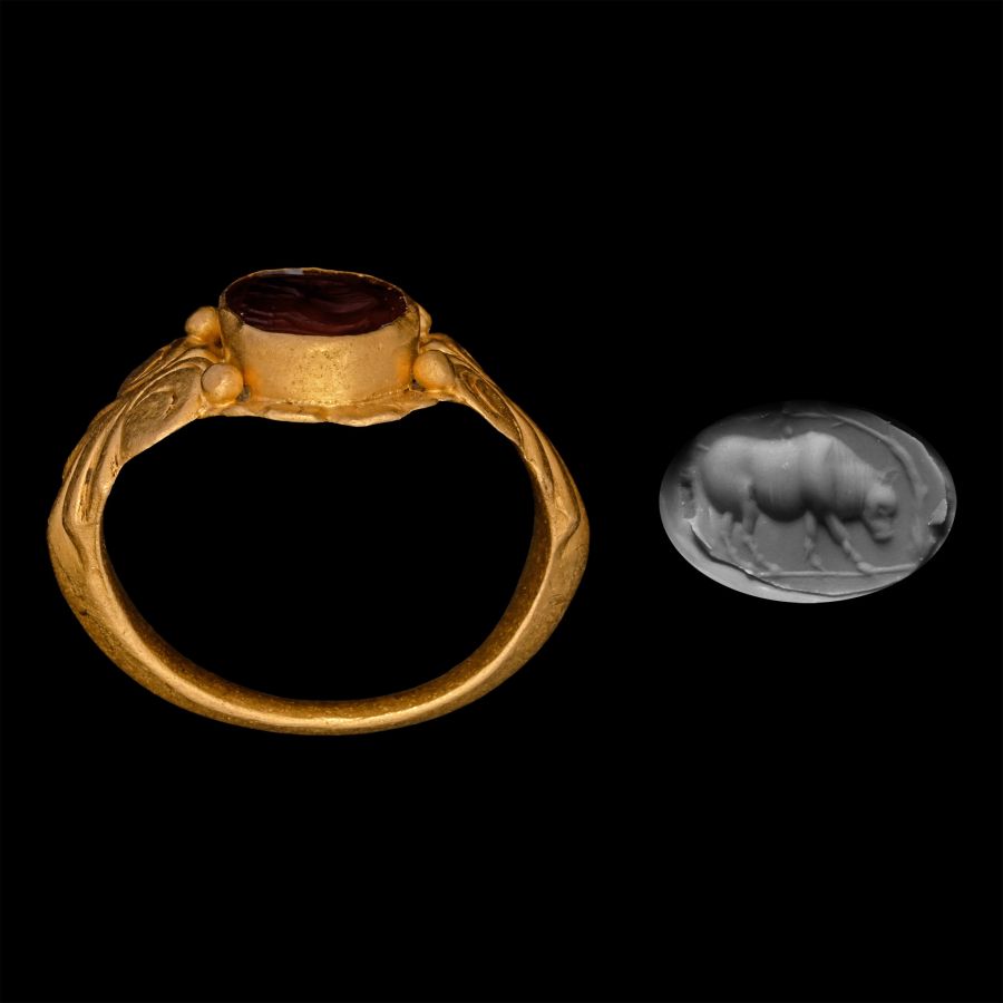 Roman Gemstone with Bull in Gold Ring
