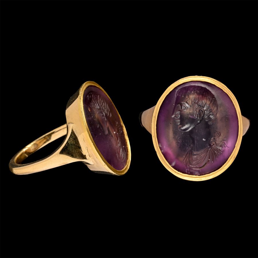 Large Eastern Roman Amethyst Gemstone with Male Bust in Gold Ring