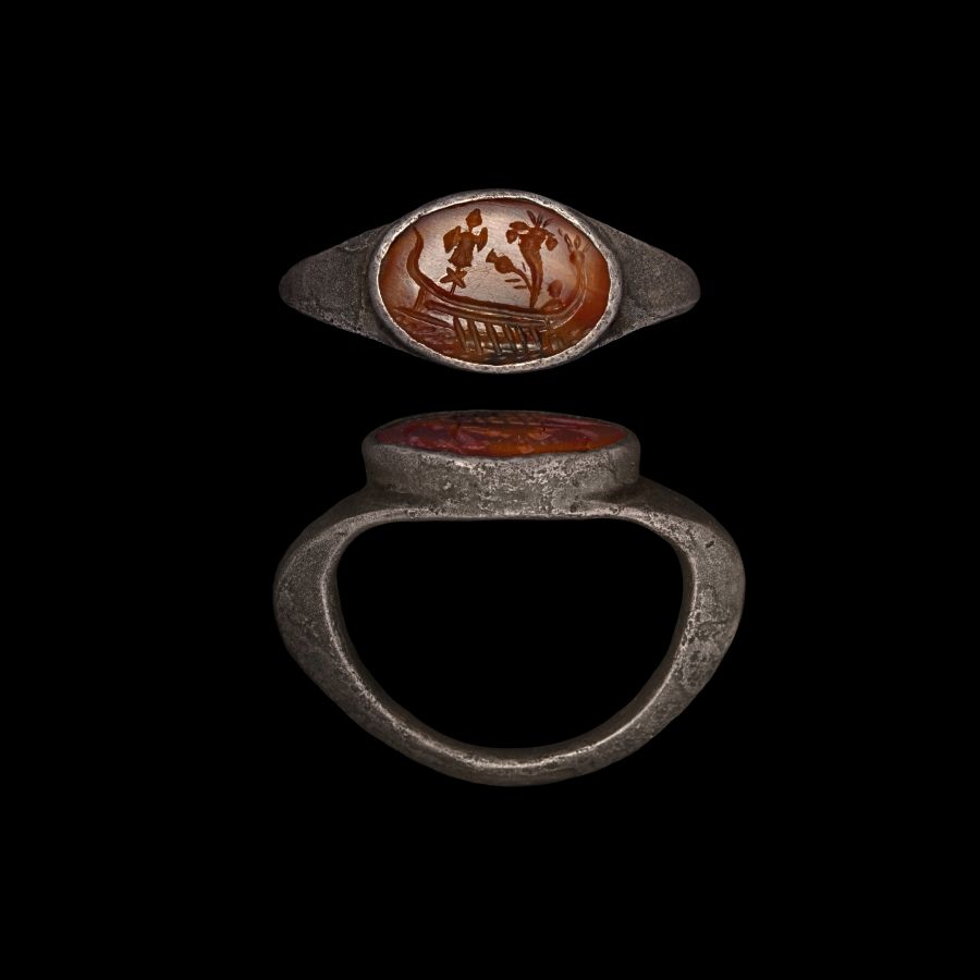 Roman Silver Ring with Agate Gemstone with Roman War Ship with Trophy