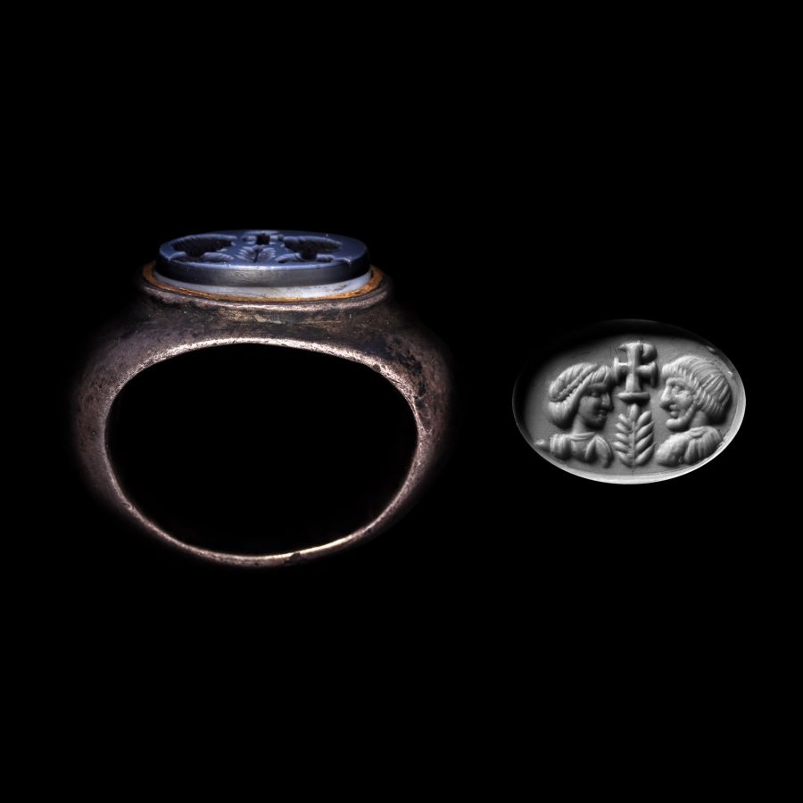 Late Roman Silver Ring with Nicolo Gemstone with Facing Busts and Chi Rho