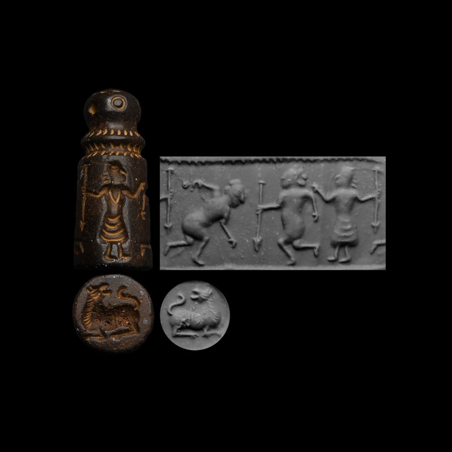 Large Mesopotamian Stone Stamp Seal with Lion and Figural Scene