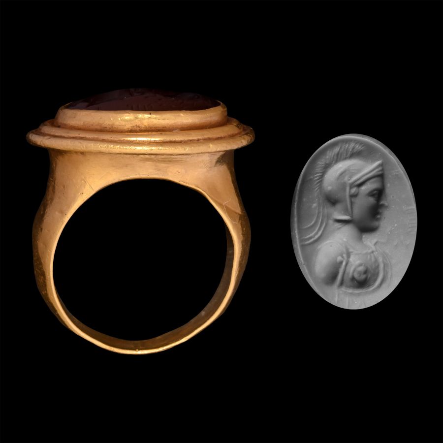 Large Roman Gold Ring with Carnelian Gemstone with Bust of the Goddess Athena and Inscription