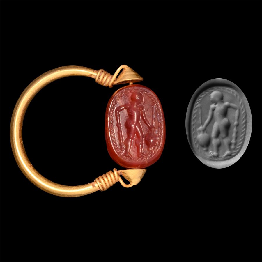 Etruscan Carnelian Scarab with Hercules at a Fountain in Gold Ring