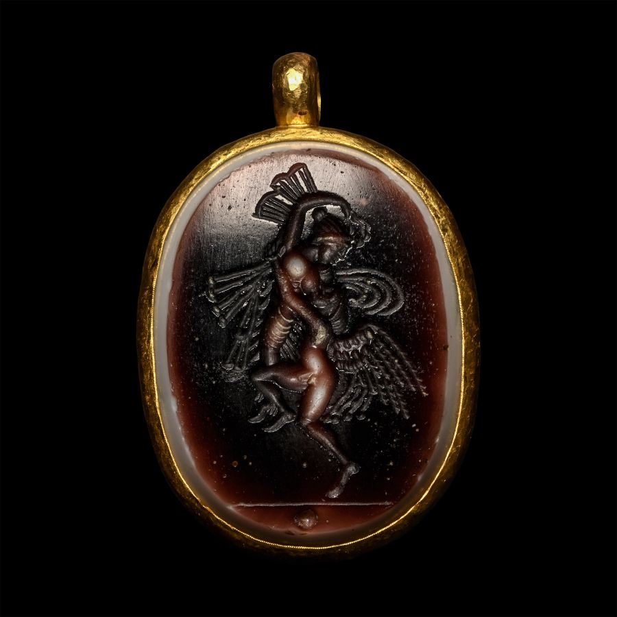 Large Post-Classical Glass Gem with Dancing Figures in Gold Mount