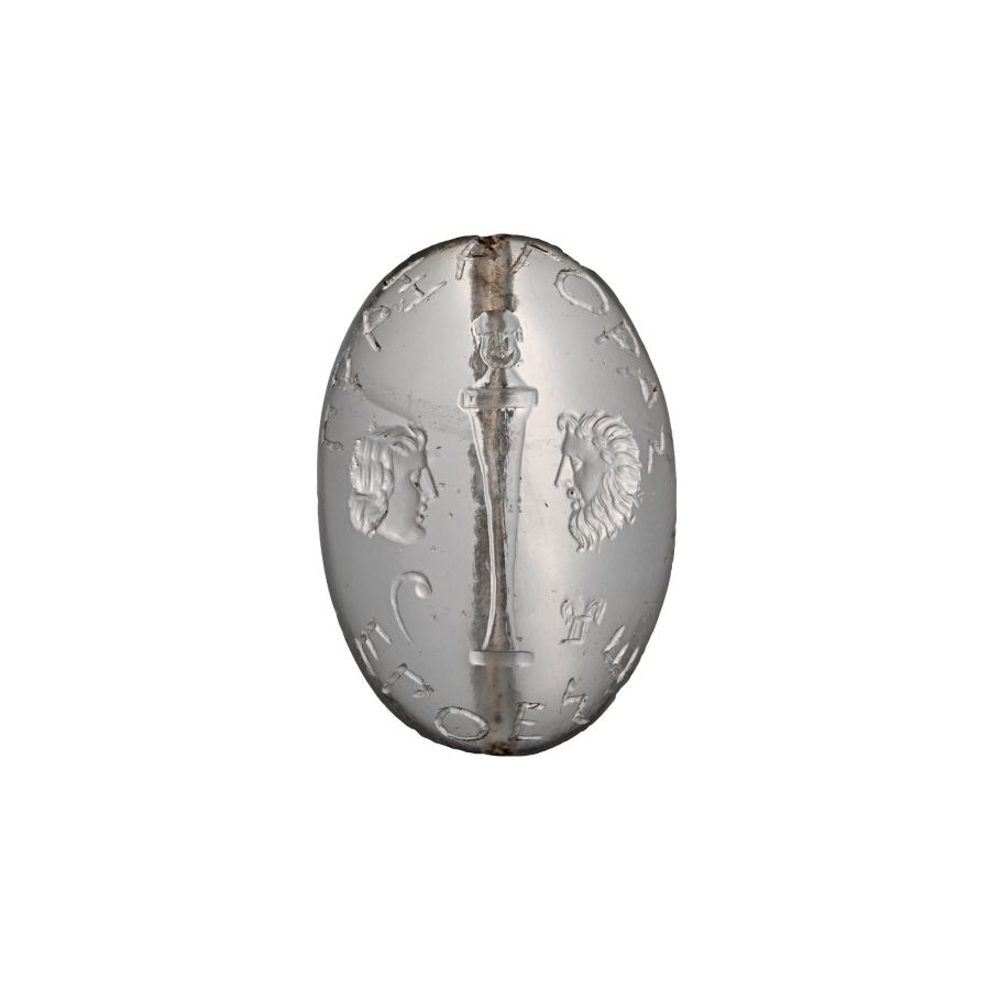 Large Post-Classical Rock Crystal Gemstone with Herm and Two Facing Busts and an Inscription