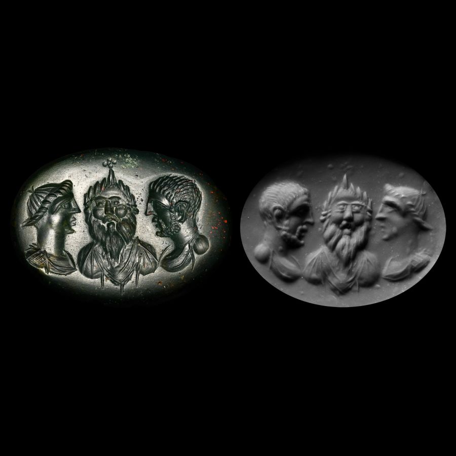 Large Post-Classical Eastern Bloodstone Gemstone with Three Busts