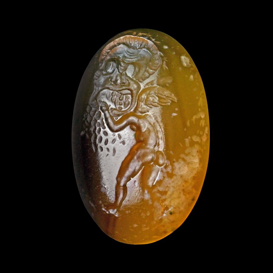Roman Carnelian Gemstone with Eros, the Greek God of Love Holding a Theatrical Mask