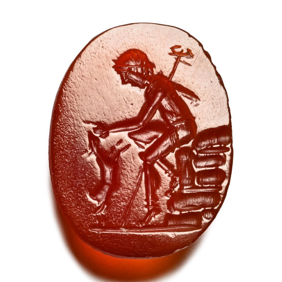 Roman Carnelian Gemstone with Seated Mercury and Goat
