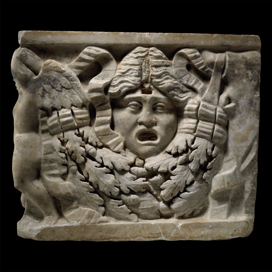 Large Roman Marble Garland Sarcophagus Panel with Theatrical Mask and Eros, the Greek God of Love