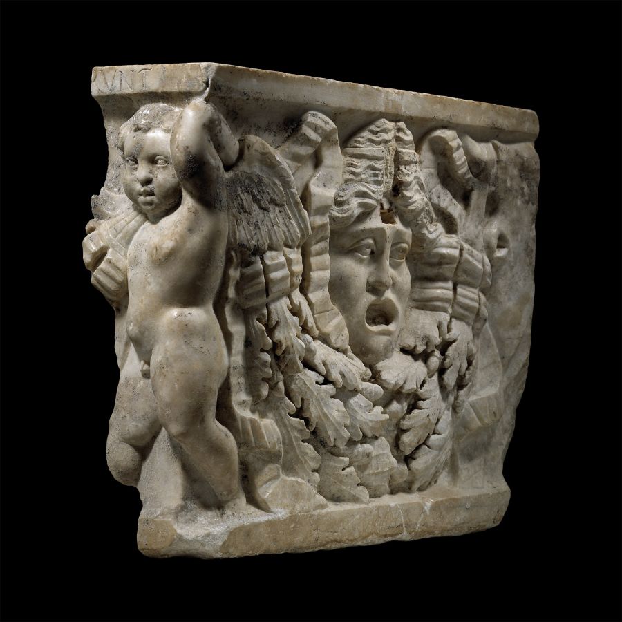 Large Roman Marble Garland Sarcophagus Panel with Theatrical Mask and Eros, the Greek God of Love