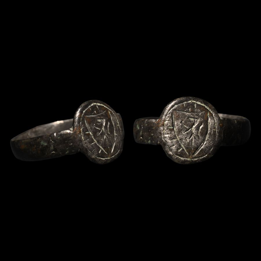 Medieval Bronze Ring with Heraldic Shield