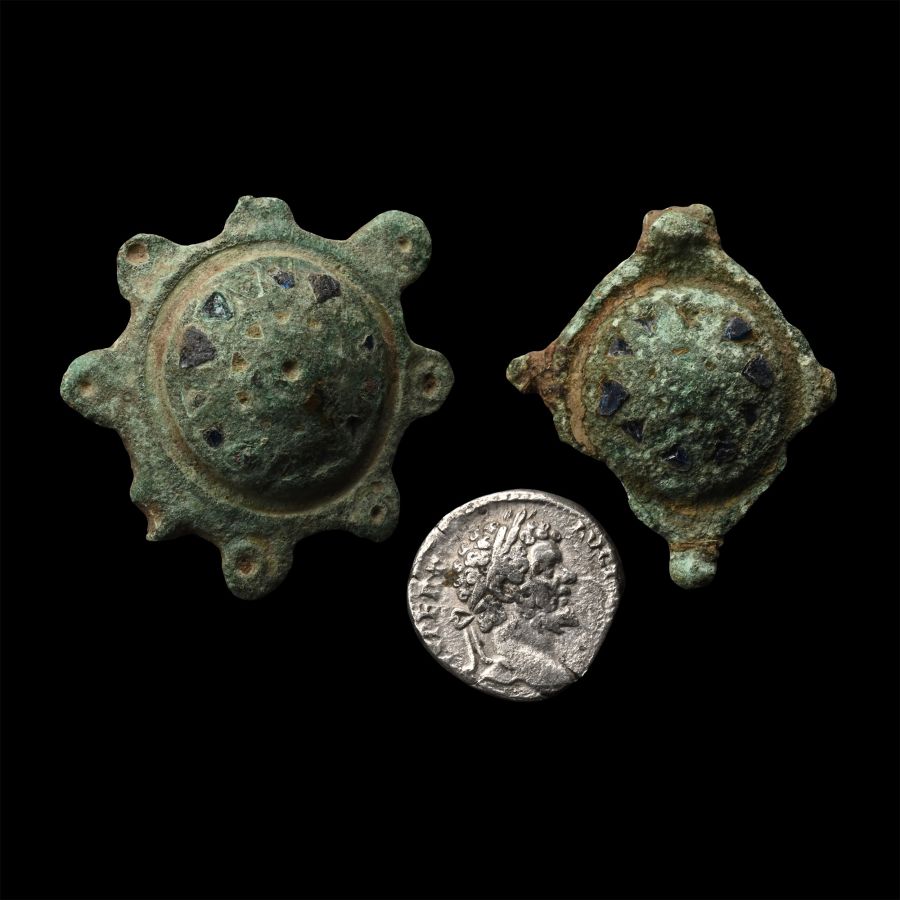 Roman Enamelled Bronze Umbonate Brooch and Silver Denarius Group