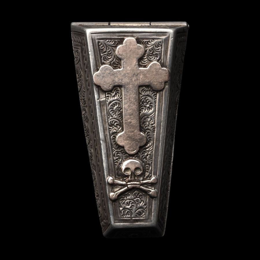 Victorian Silver Memento Mori Lidded Coffin-Shaped Casket with Skull and Crossed Bones