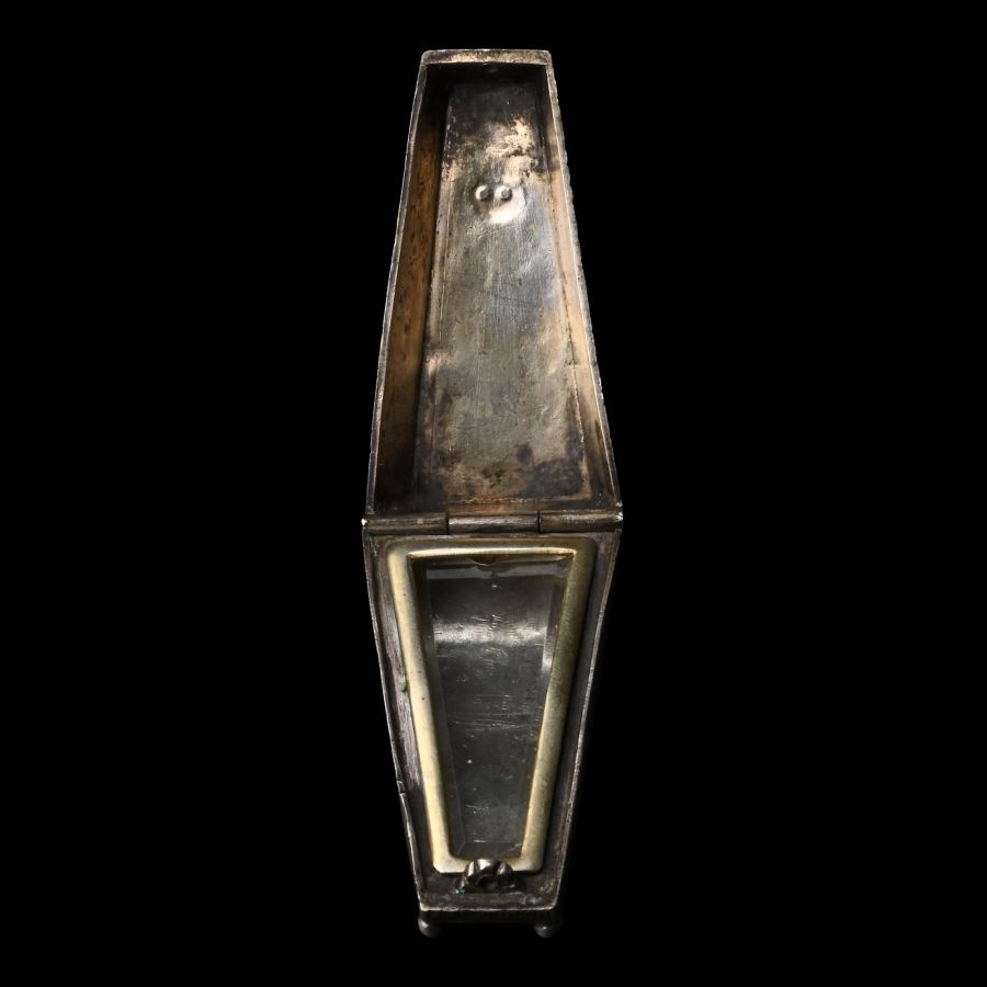 Victorian Silver Memento Mori Lidded Coffin-Shaped Casket with Skull and Crossed Bones
