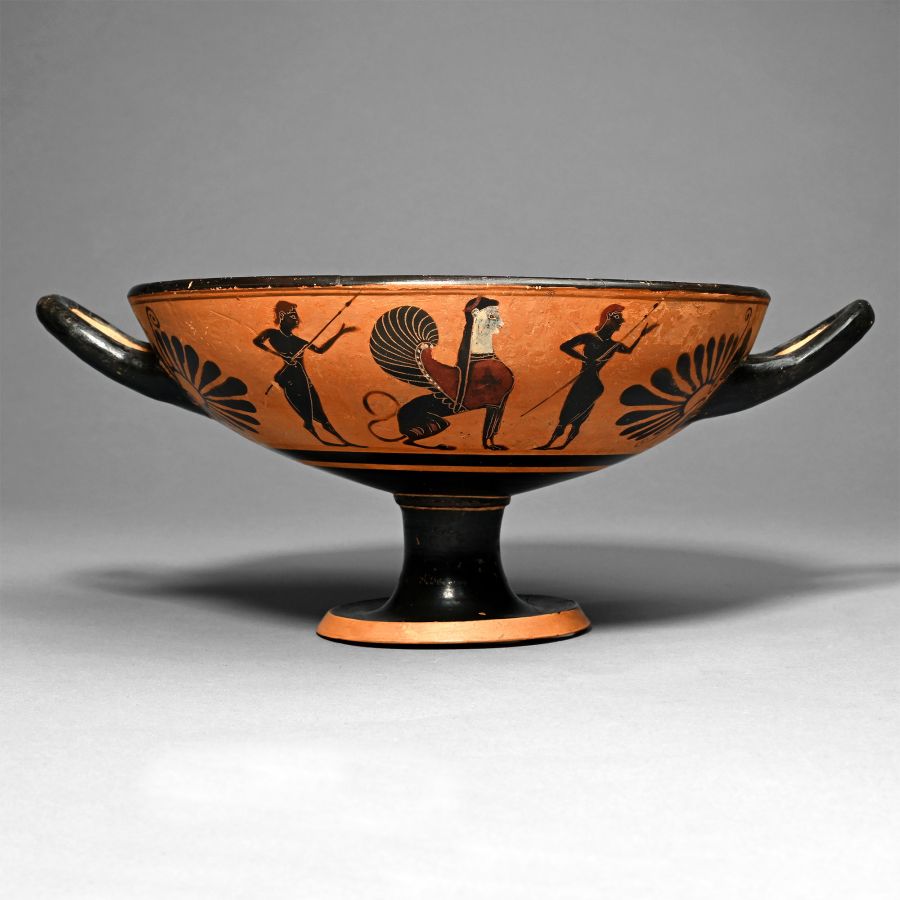 Greek Black-Figure Kylix with Warriors and Sphinxes