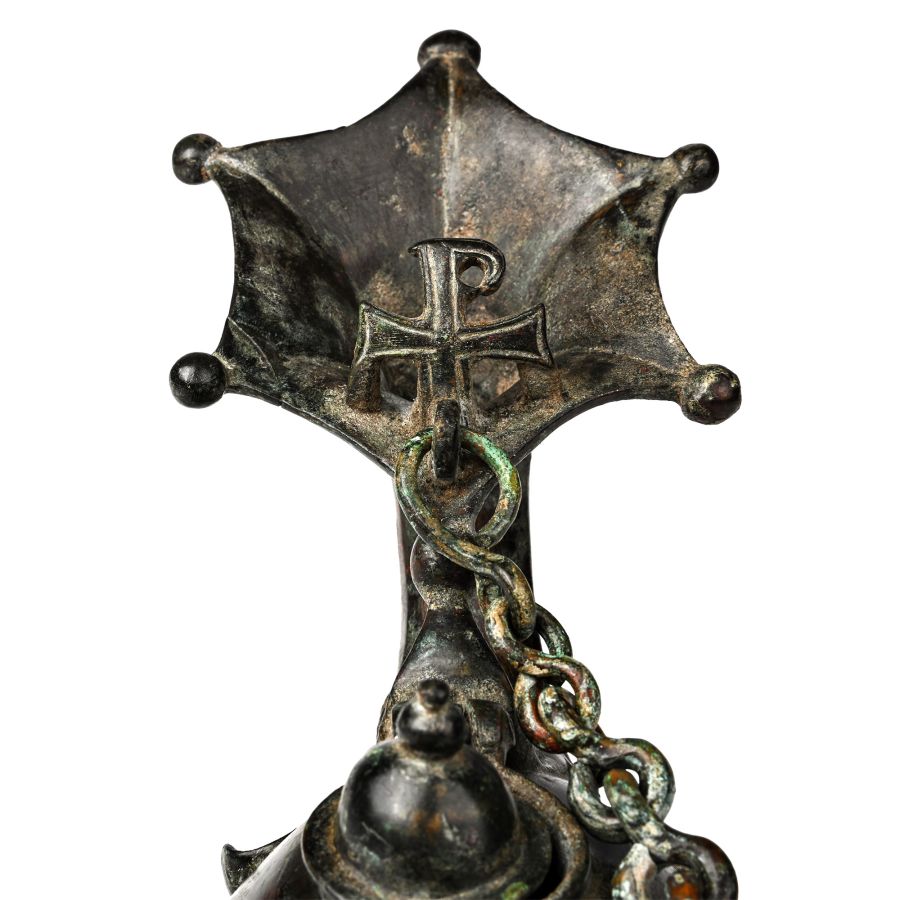 Byzantine Bronze Oil Lamp with Chain and Chi Rho