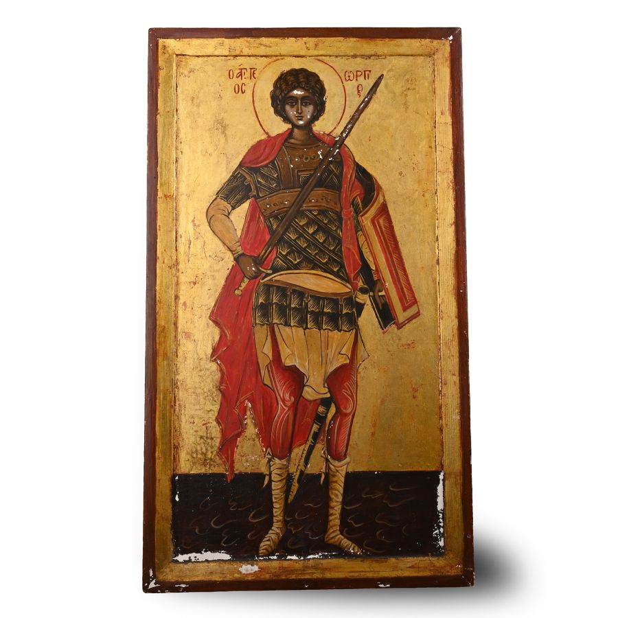 Painted Gilt Wooden Icon of Byzantine Saint George