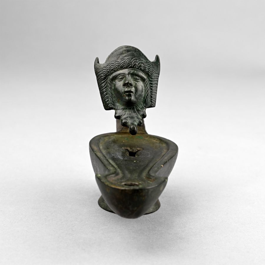 Roman Bronze Oil Lamp with Mask Handle
