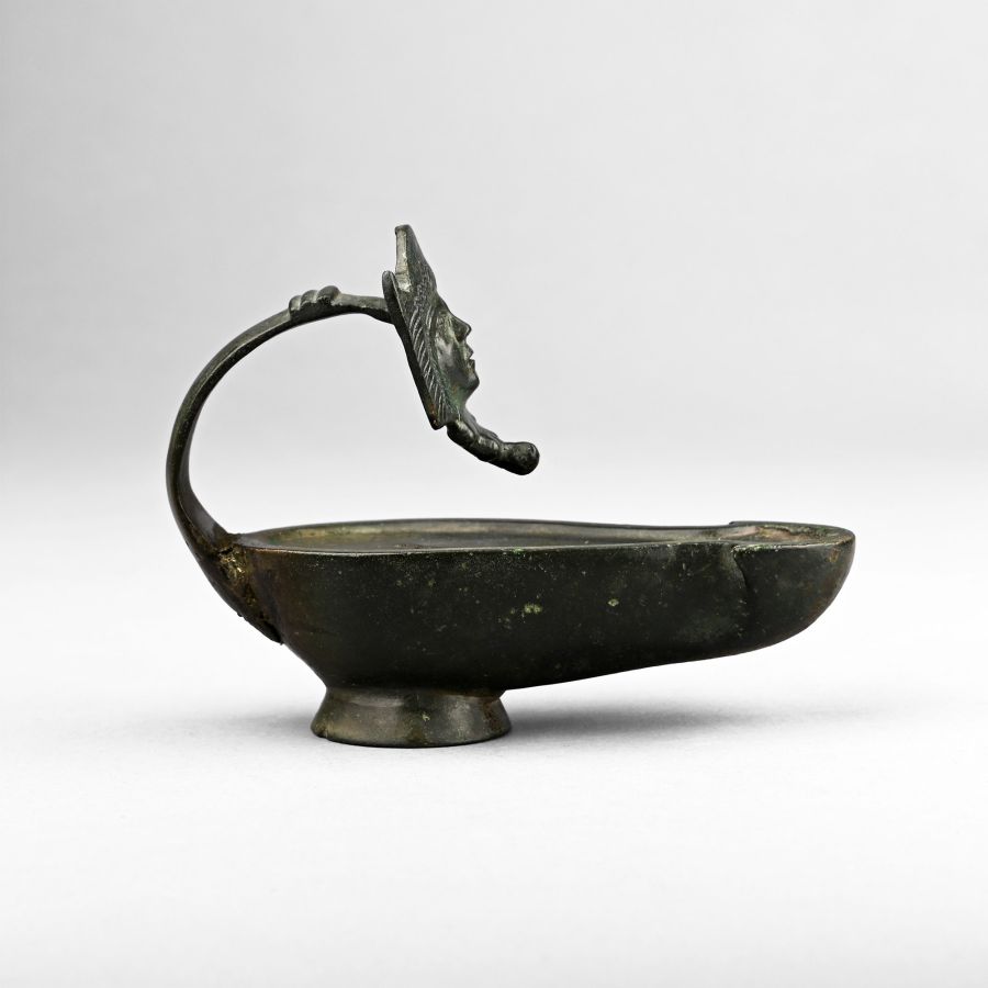 Roman Bronze Oil Lamp with Mask Handle