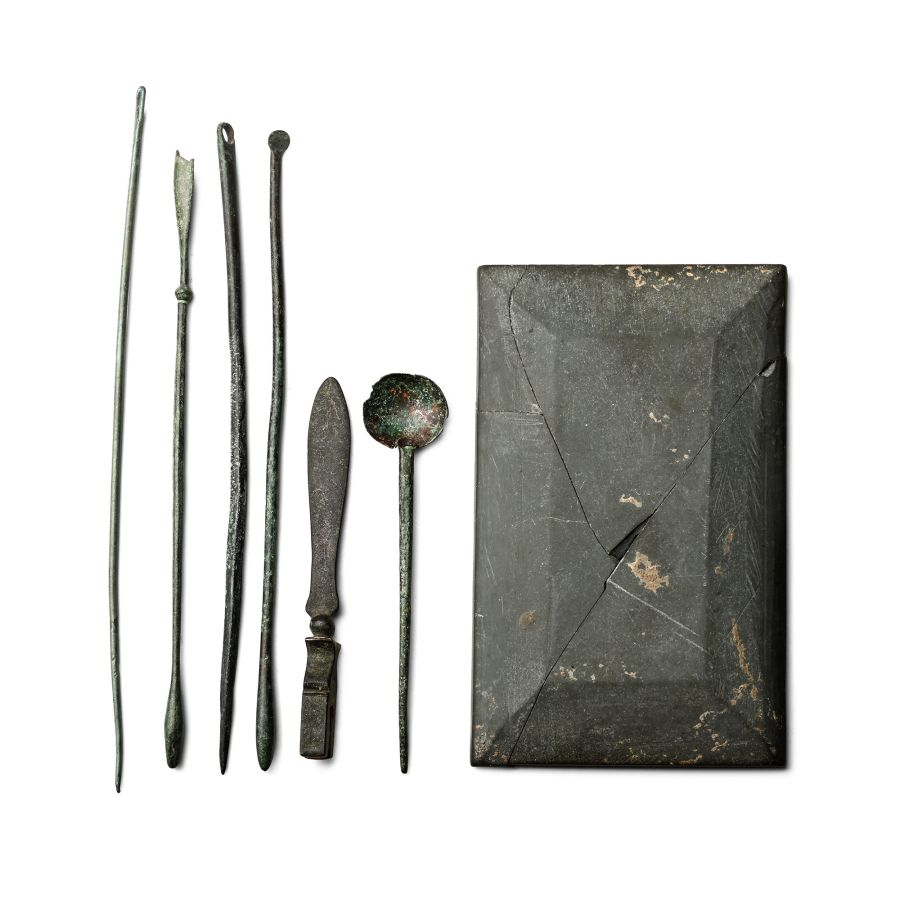 Roman Schist Medical Palette and Bronze Instrument Set