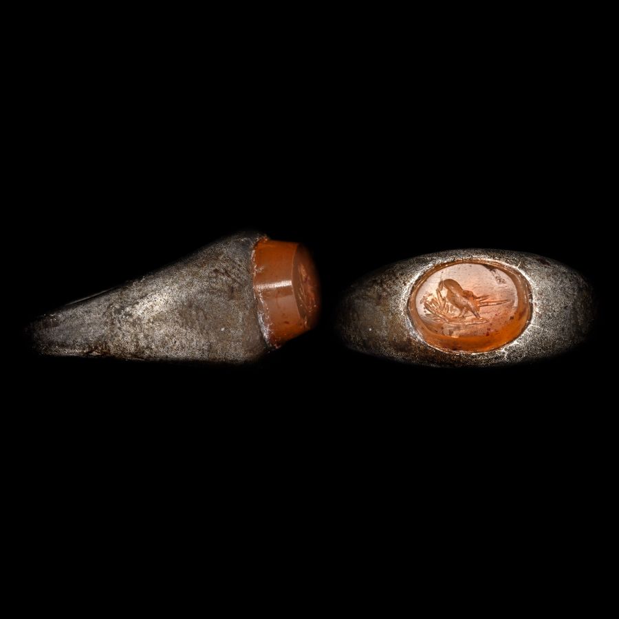 Roman Silver Ring with Carnelian Gemstone with Bird Holding a Branch