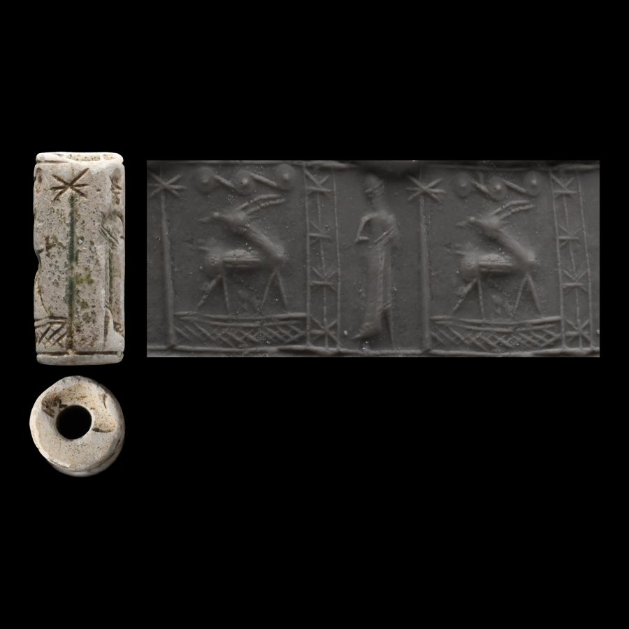 Mitanni Faience Cylinder Seal with Man and Beast
