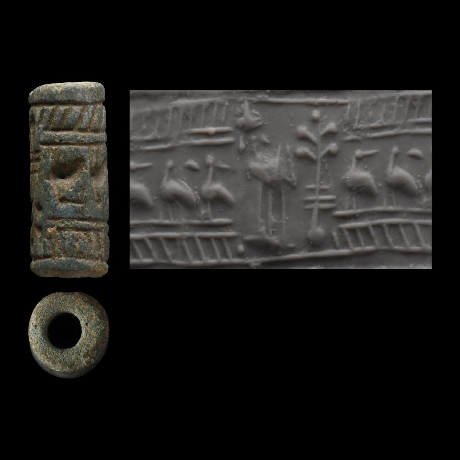 Mitanni Faience Cylinder Seal with Birds and Palm Tree
