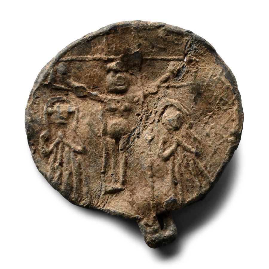 Medieval Lead Pilgrim's Pendant with Calvary and Dragon-Slaying