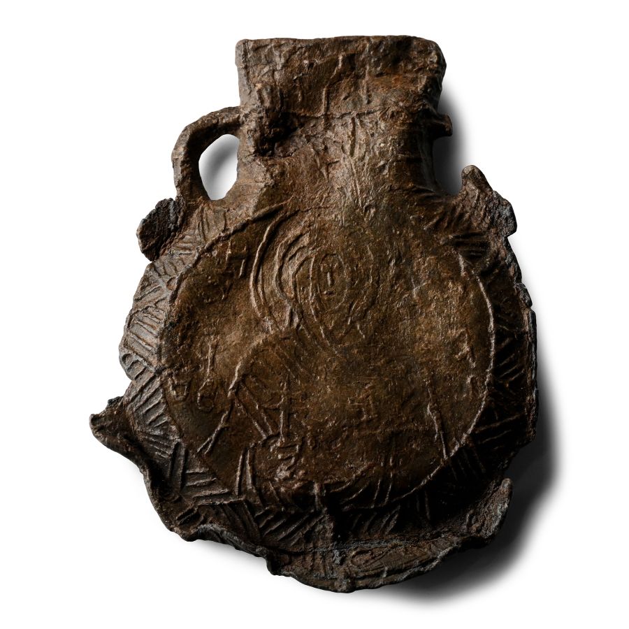 Byzantine Lead Pilgrim's Koutrouvion Holy Water Flask with Saint
