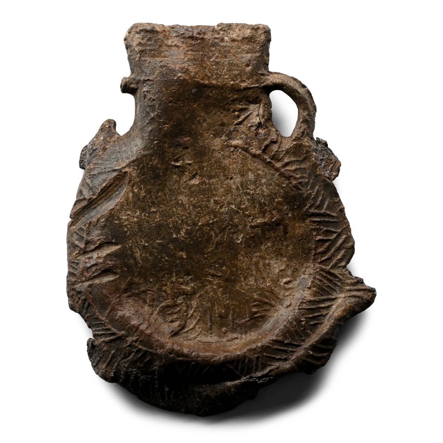 Byzantine Lead Pilgrim's Koutrouvion Holy Water Flask with Saint