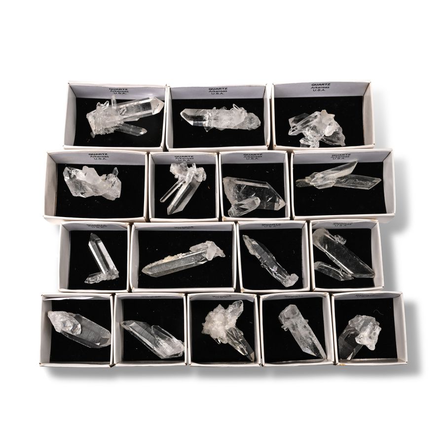 Group of Seventeen [17] Boxed Arkansas Quartz Crystal Display Specimens