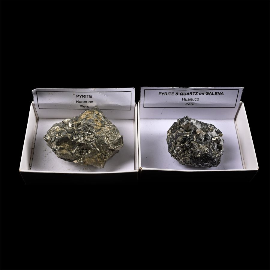 Group of Two [2] Boxed Large Huanuco Pyrite and Pyrite and Quartz on Galena Crystal Specimens