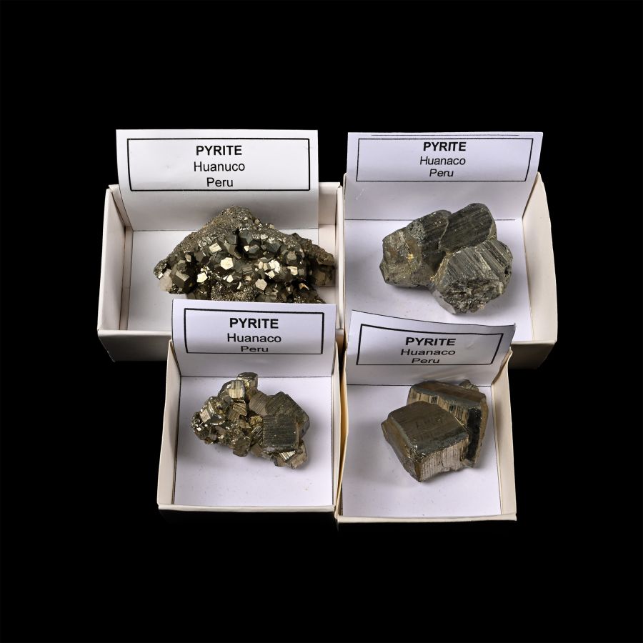 Group of Four [4] Boxed Large Huanuco Pyrite Crystal Specimens