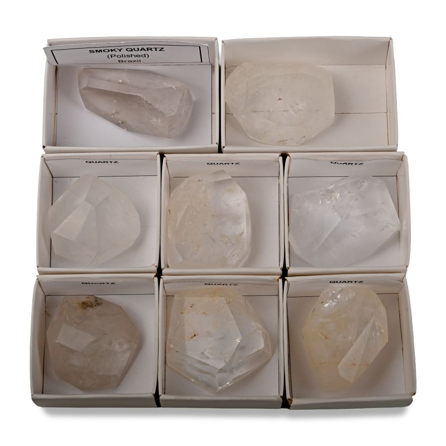 Group of Eight [8] Boxed Quartz and Smoky Quartz Crystal Specimens