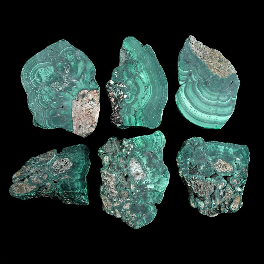 Group of Six [6] Congo Natural Malachite Cut Slabs