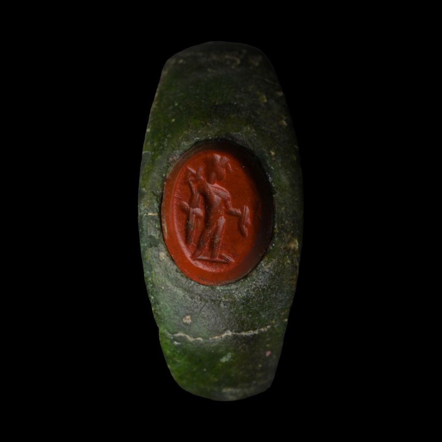 Roman Bronze Ring Bezel with Standing God Gemstone