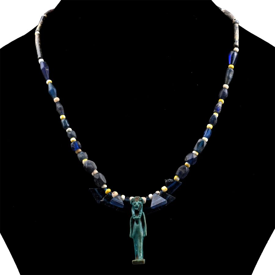 Egyptian Glass Bead Necklace with Large Sekhmet Faience Amulet