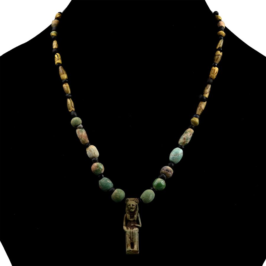 Egyptian Glass Bead Necklace with Large Sekhmet Faience Amulet