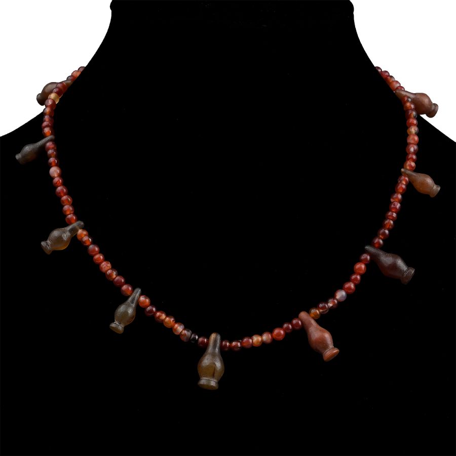 Egyptian Carnelian Bead and Poppy Amulet Necklace