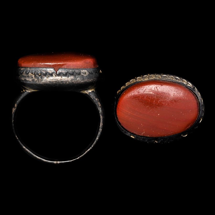 Ottoman Silver-Coloured Metal Ring with Red Stone