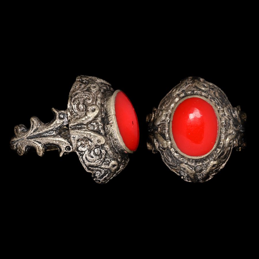 Ottoman Empire Silver-Coloured Metal Ring with Red  Cabochon