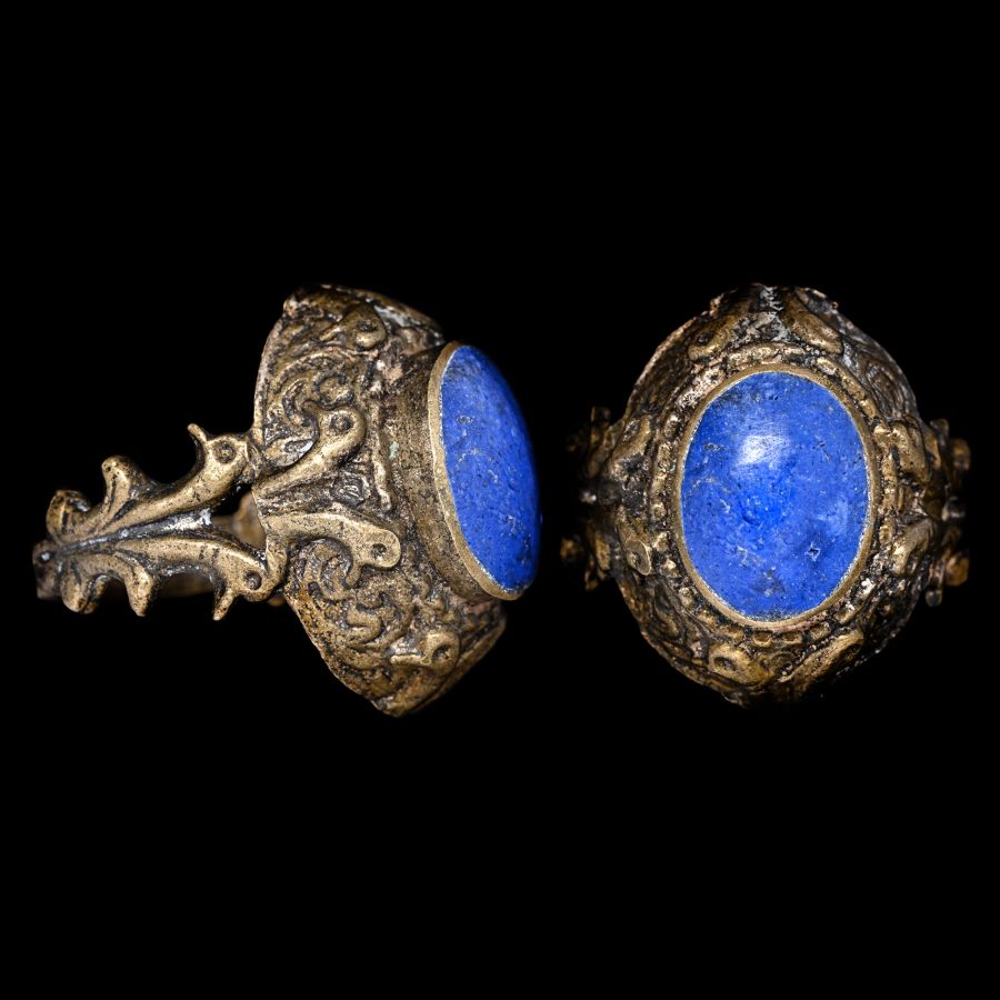 Ottoman Style Silver-Coloured Metal Ring with Blue Cabochon
