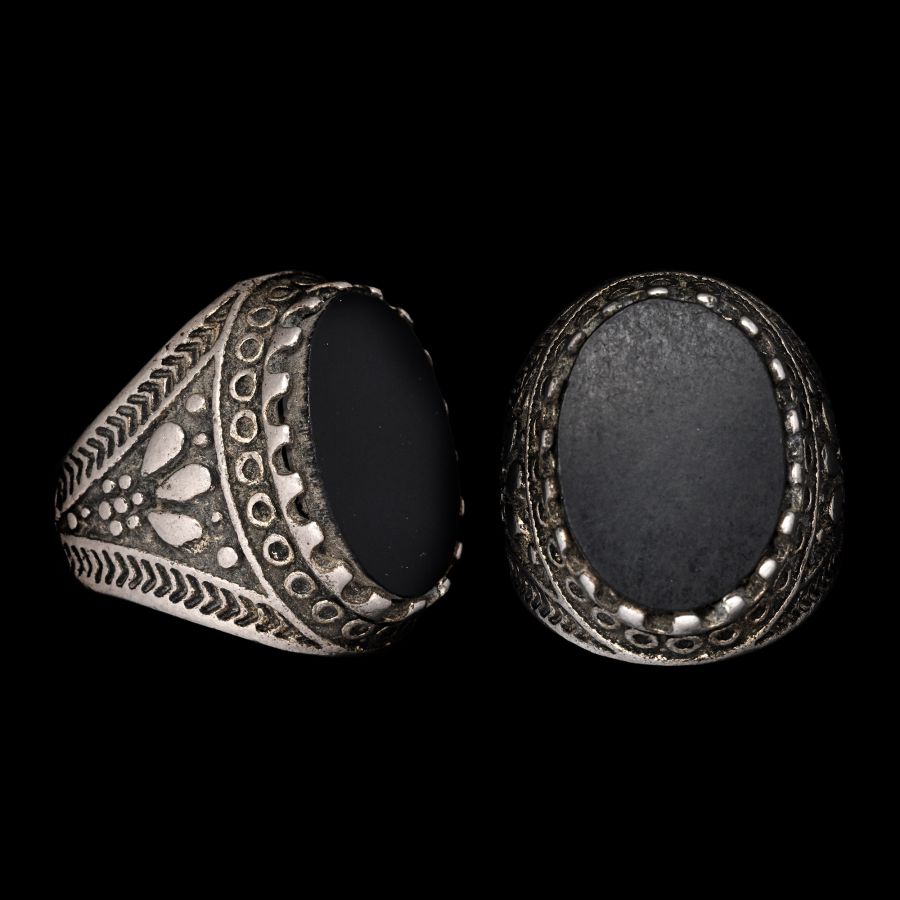 Ottoman Empire Silver-Coloured Metal Ring with Flat Black Stone