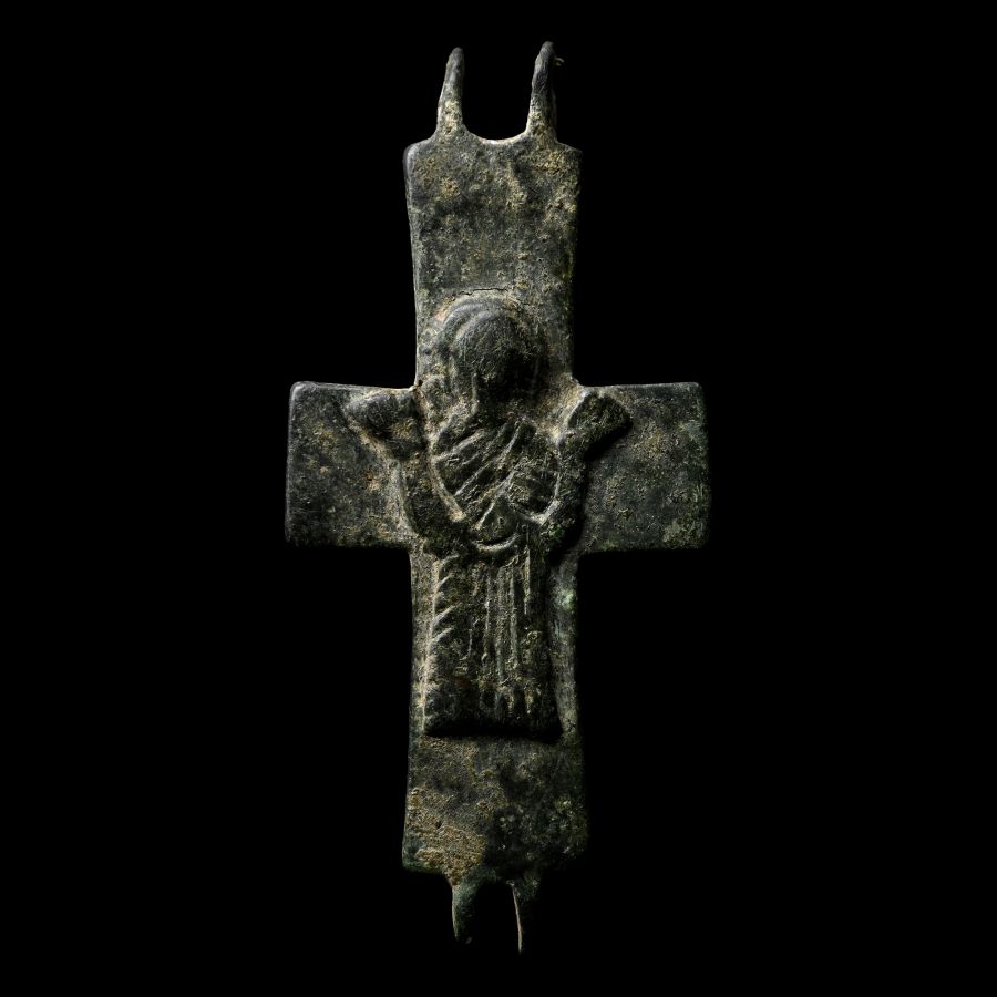 Byzantine Bronze Reliquary Cross Pendant Plate
