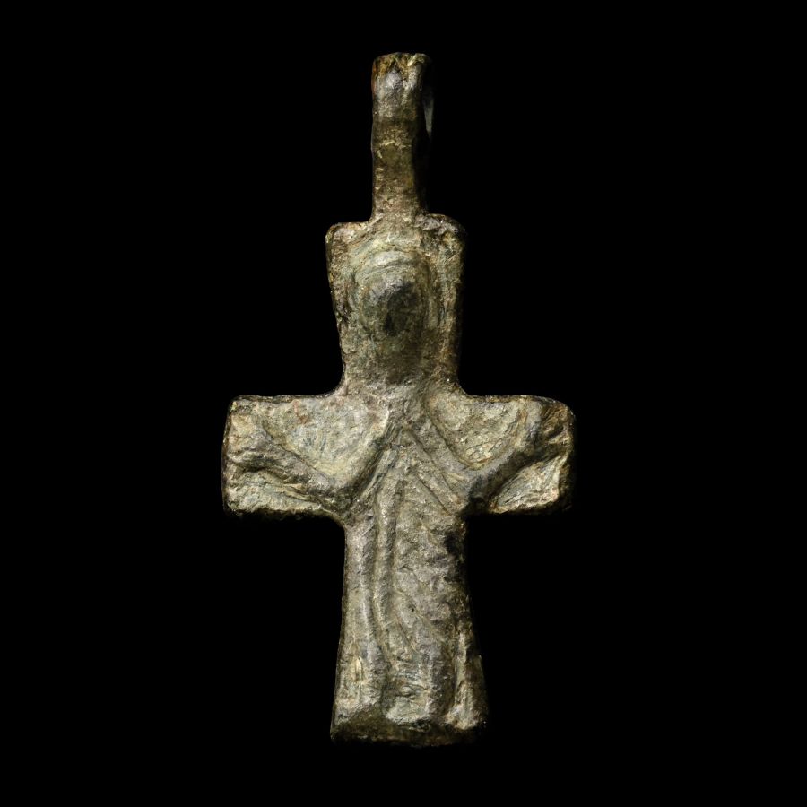Byzantine Bronze Cross Pendant with Corpus Christi