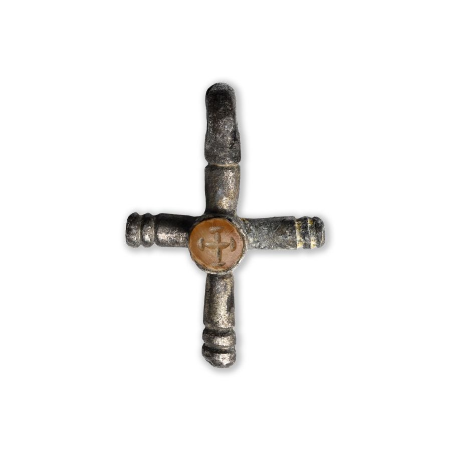 Byzantine Silver Cross Pendant with Cabochon